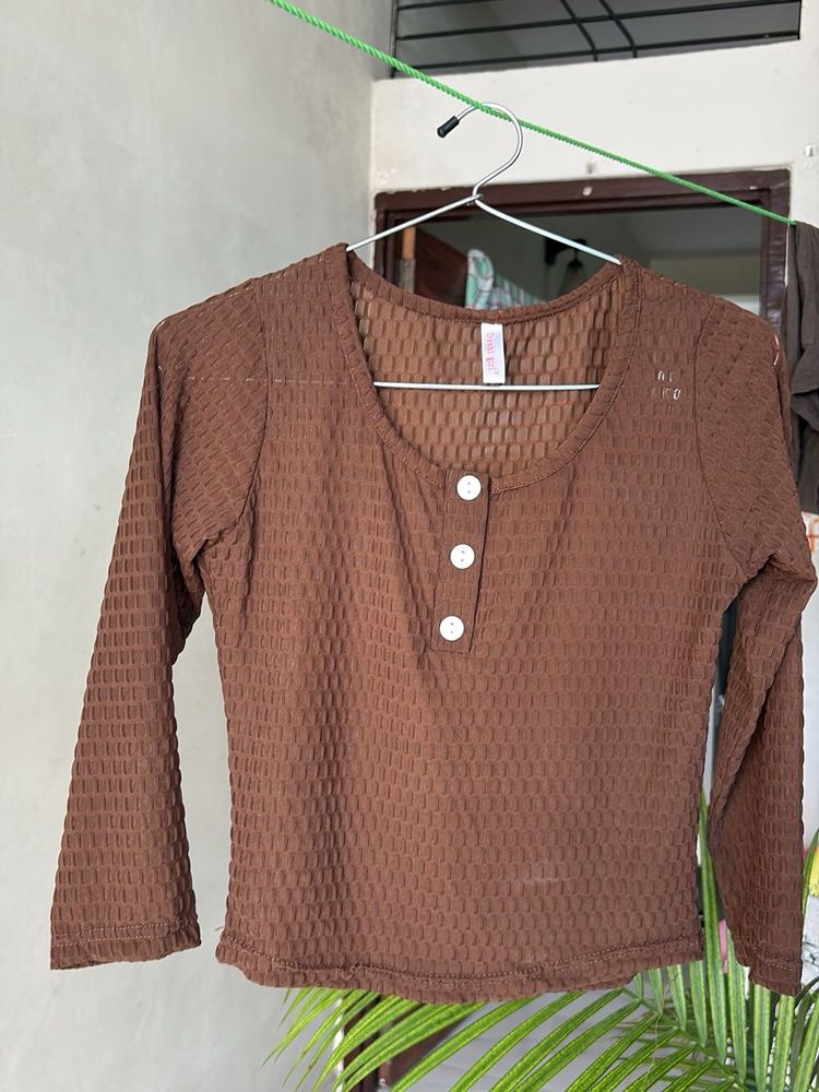 Brown Textured Long Sleeve Top (see through)