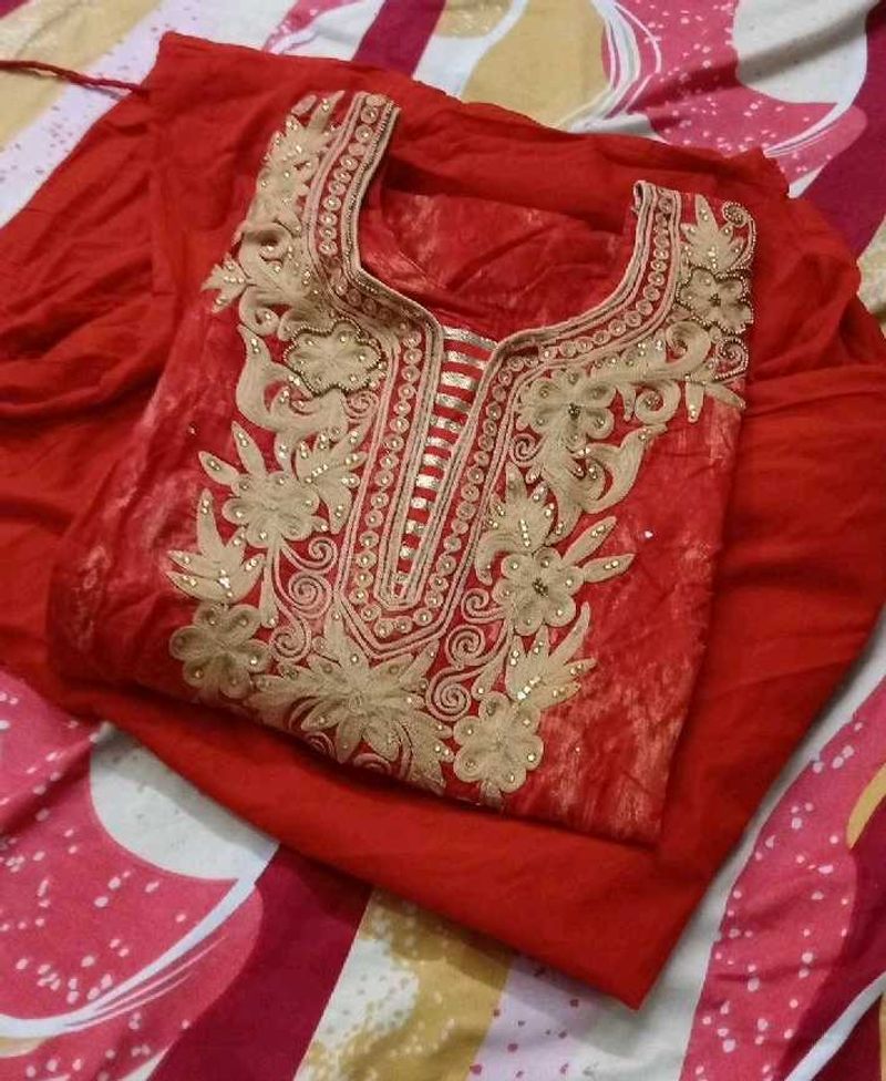 Red Saree with Frayed Detail