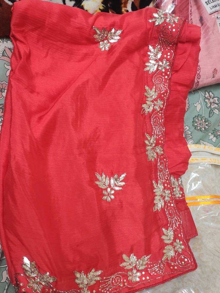 Red Silk Saree with Embellishments