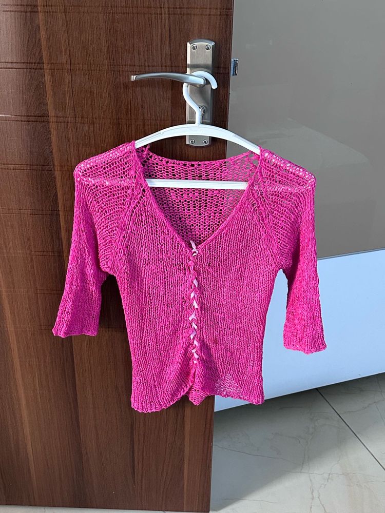 Pink Knit Cropped Cardigan