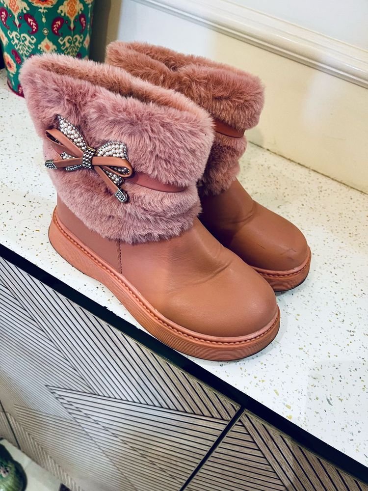 Cute Pink Furry Boots with Bow Detail