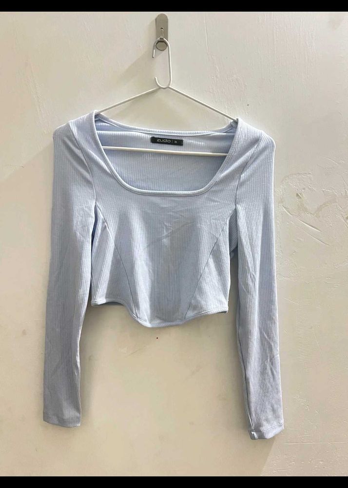 Light Blue Ribbed Long Sleeve Crop Top