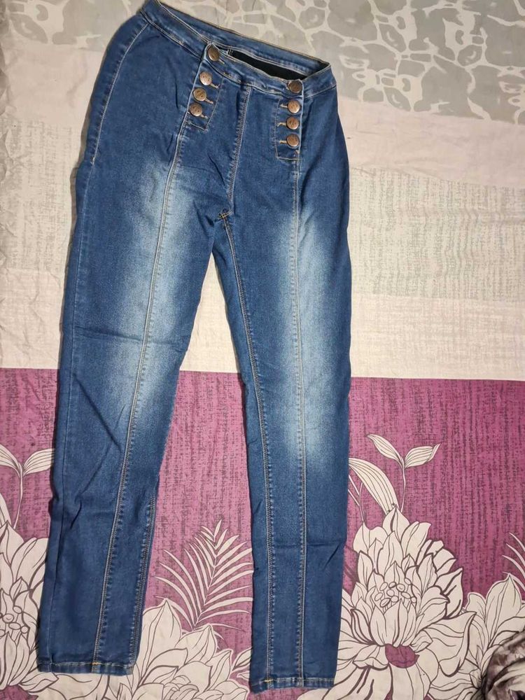 High-Waisted Button-Up Blue Jeans
