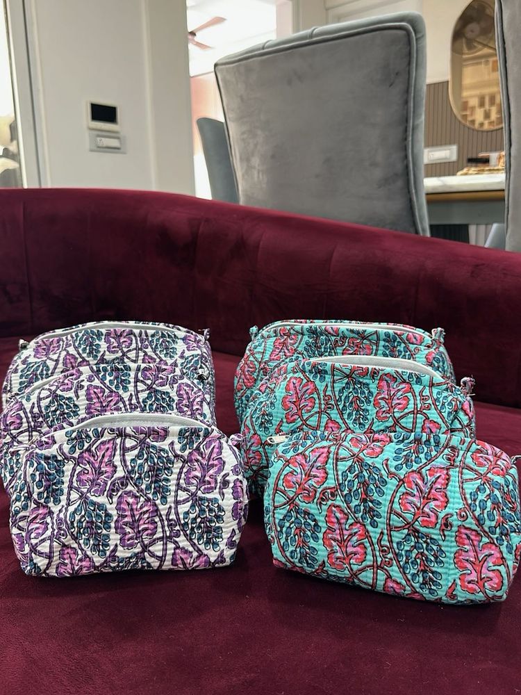 Set of 6 Block Print Floral Quilted Pouches