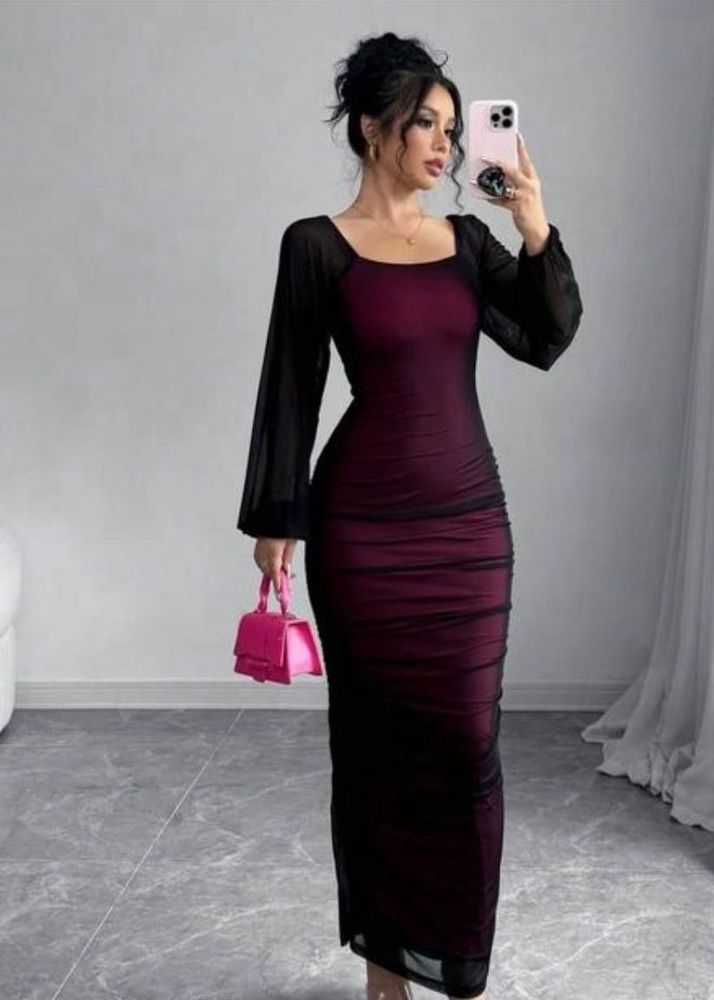 Elegant Ruched Mesh Sleeve bodycon Dress
