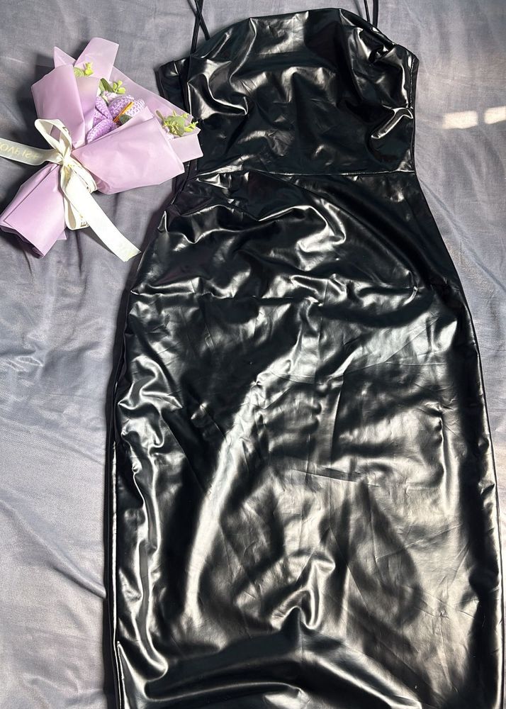 Shiny Black Bodycon Midi Dress