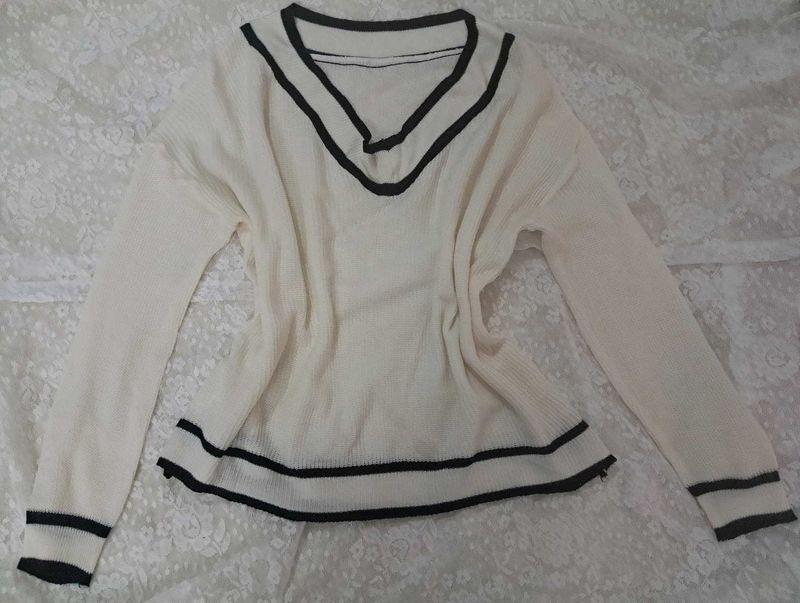 Cream V-Neck Sweater with Black Trim