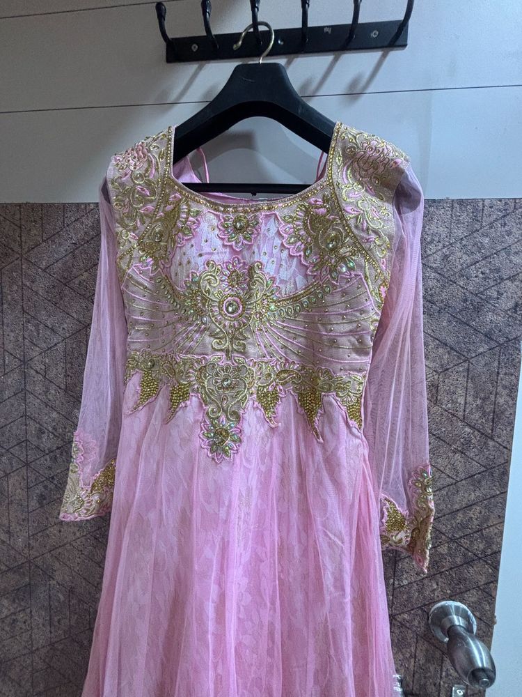Pink &amp; Gold Embroidered Anarkali