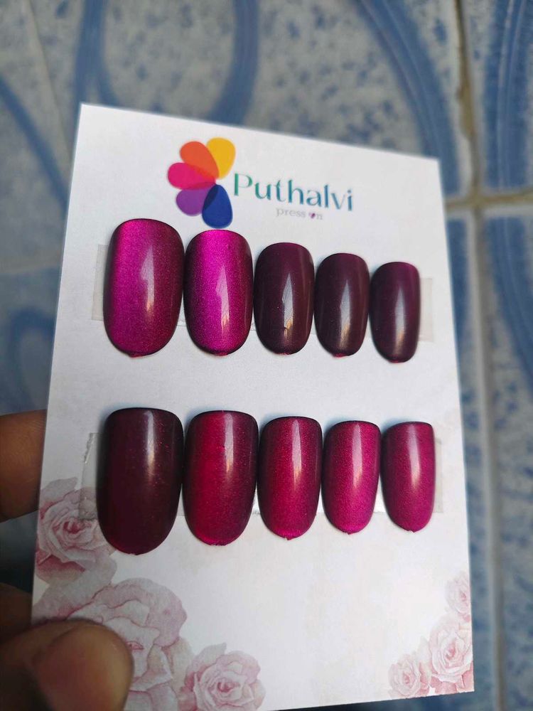 Press-On Nails - Pink &amp; Burgundy Cat eye
