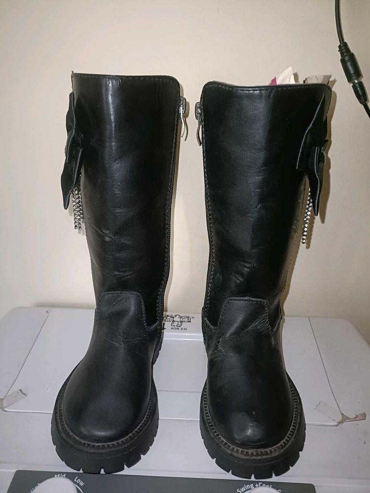 Black Leather Boots with Bow Detail