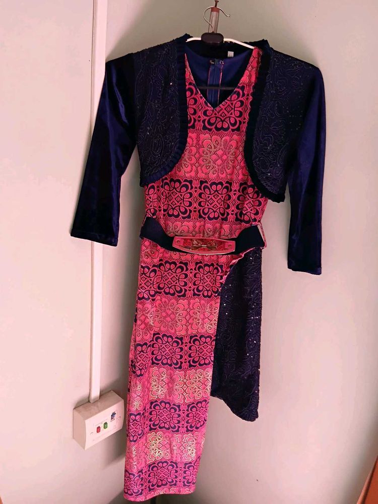 New Stylish Pink &amp; Navy Dress(FREE FLOWER CLIP)