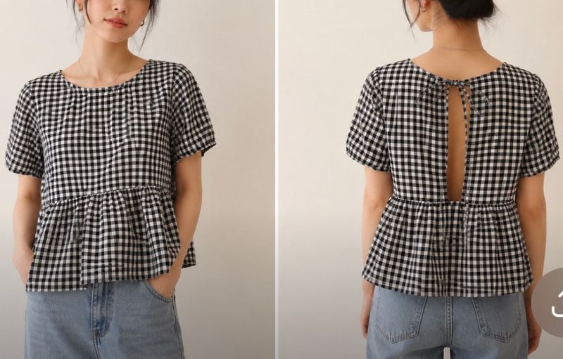 Chic Black &amp; White Gingham Peplum Top