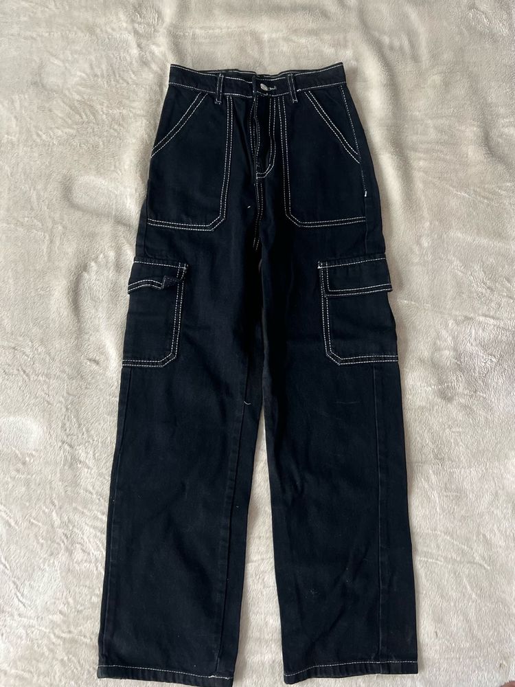 Black Cargo Pants with White Stitching