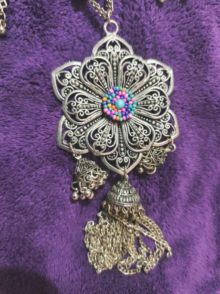 silver oxidised Bohemian Filigree Flower Pendant N