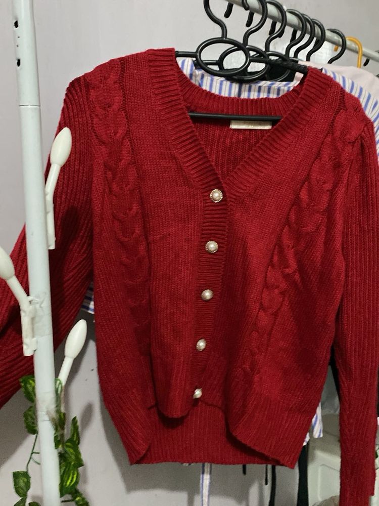 Chic Red Cable Knit Cardigan