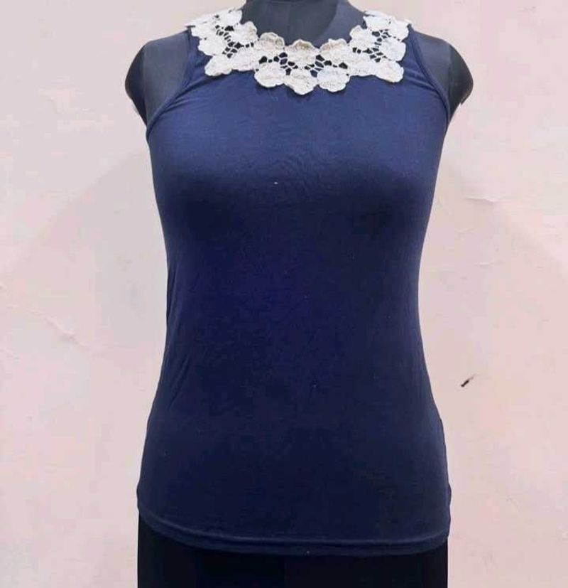 Navy Tank Top with Lace Collar
