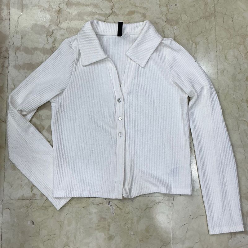 White Ribbed Long Sleeve Top