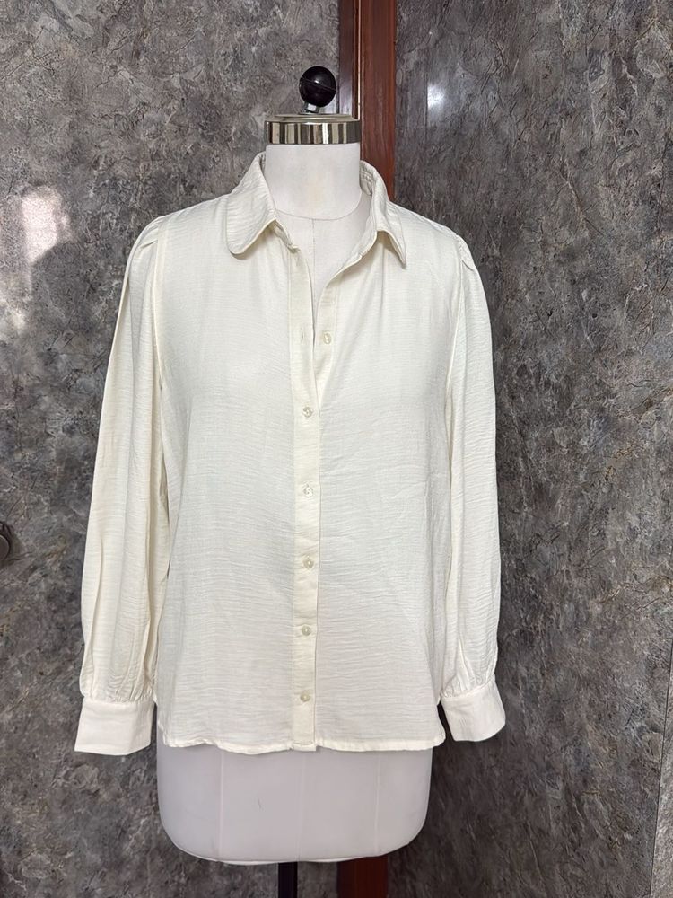 Cream Textured Long Sleeve Button-Up Blouse