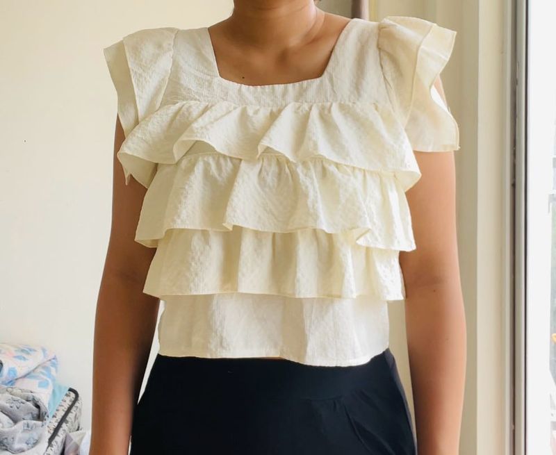 Cute Korean Cream Ruffled Square Neck Top