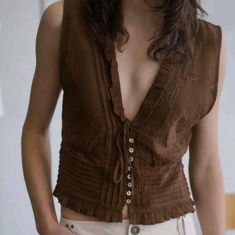 Zara Top - Brown Ruffled Lace-Up Vest To