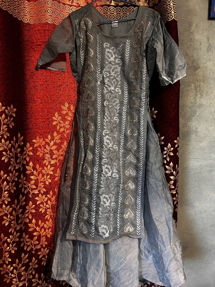 Grey Embroidered Kurti Set