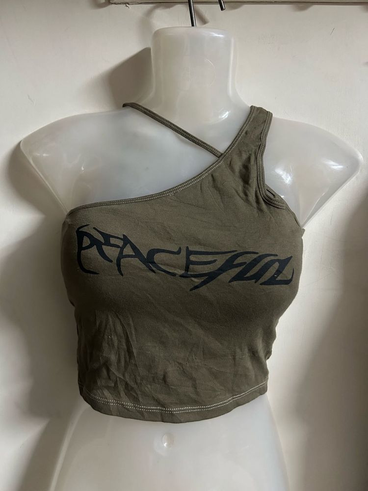 Olive Green One-Shoulder Graphic Top
