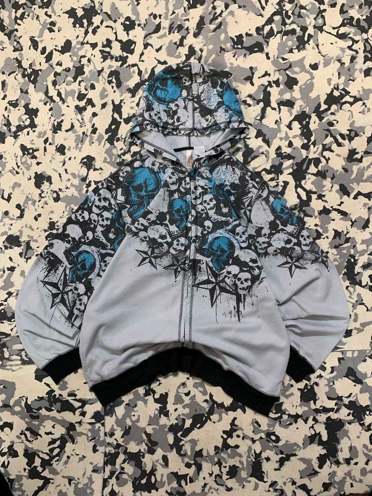 Y2K Skull Print Zip-Up Hoodie