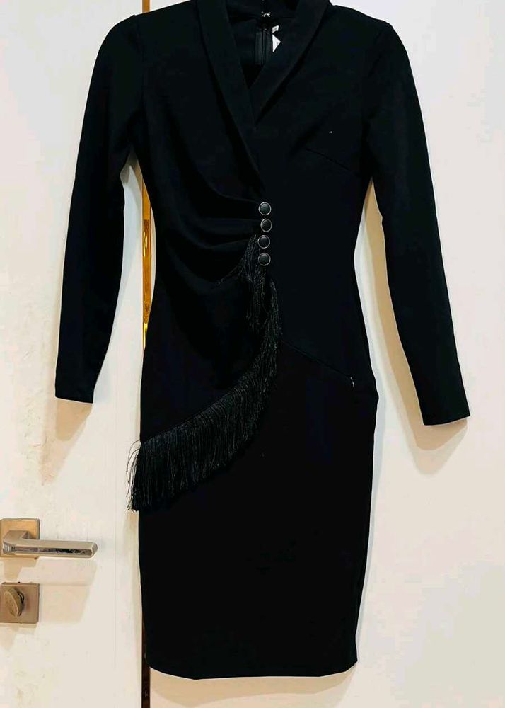 Chic Black Fringed Midi Dress