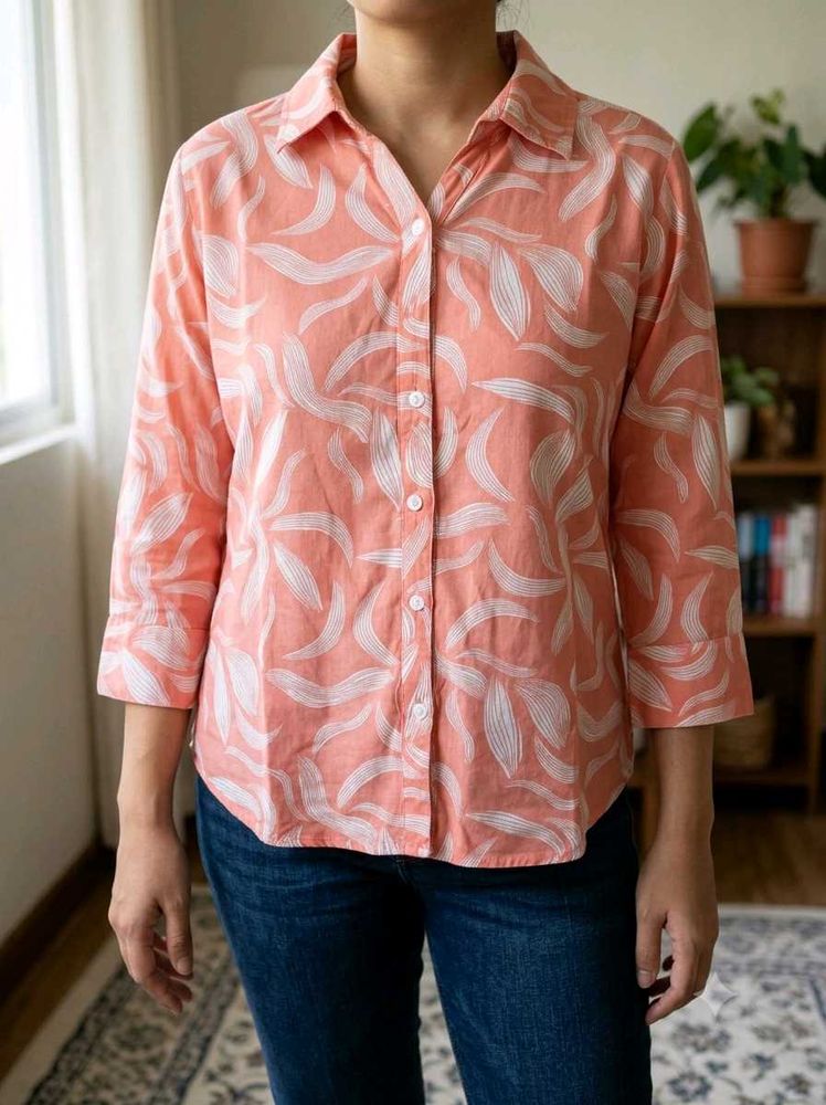 Stylish Coral Leaf Print Button-Up Shirt