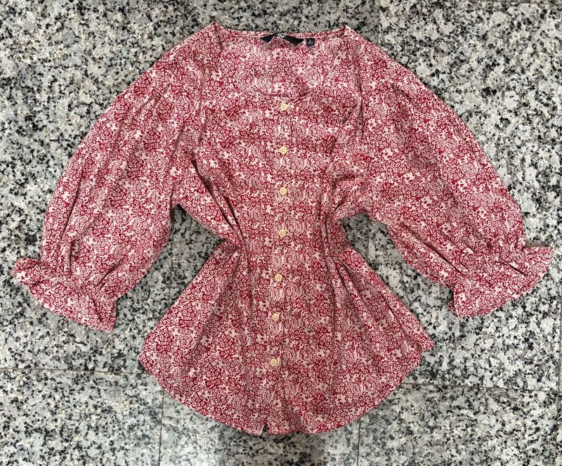 Women's Red Floral Print Button-Up Blouse