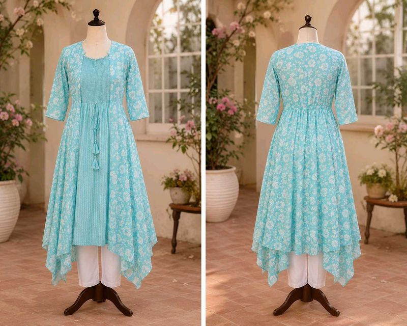 Blue Floral Tiered Kurta Set