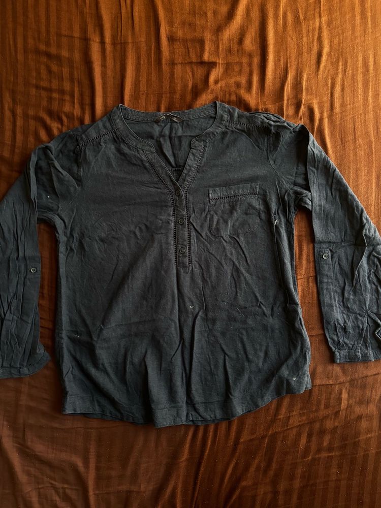 Faded navy blue Long Sleeve Button-Up Tunic
