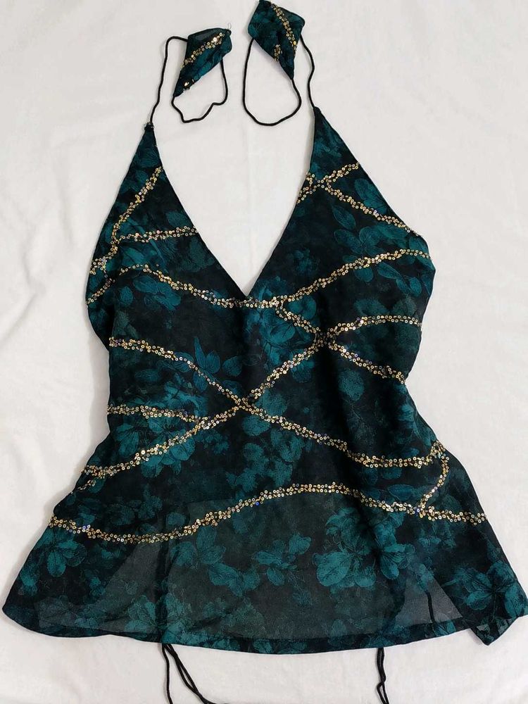 sequin backless Halter Neck Top