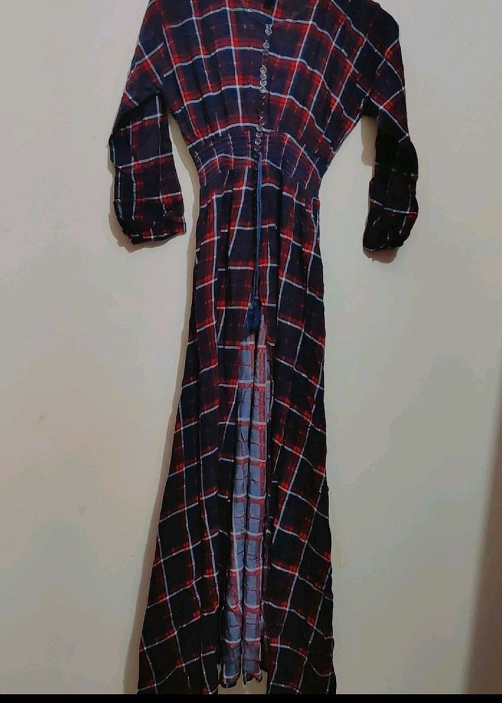 Red &amp; Navy Blue Check Print Long Front Cut Open Ku