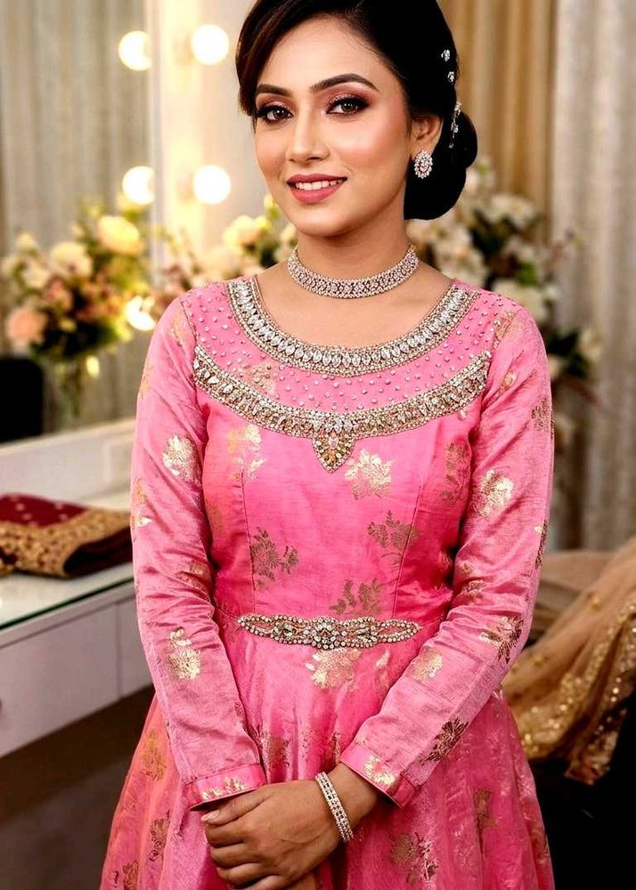 Women’s Pink Anarkali Gown with Golden Floral Prin