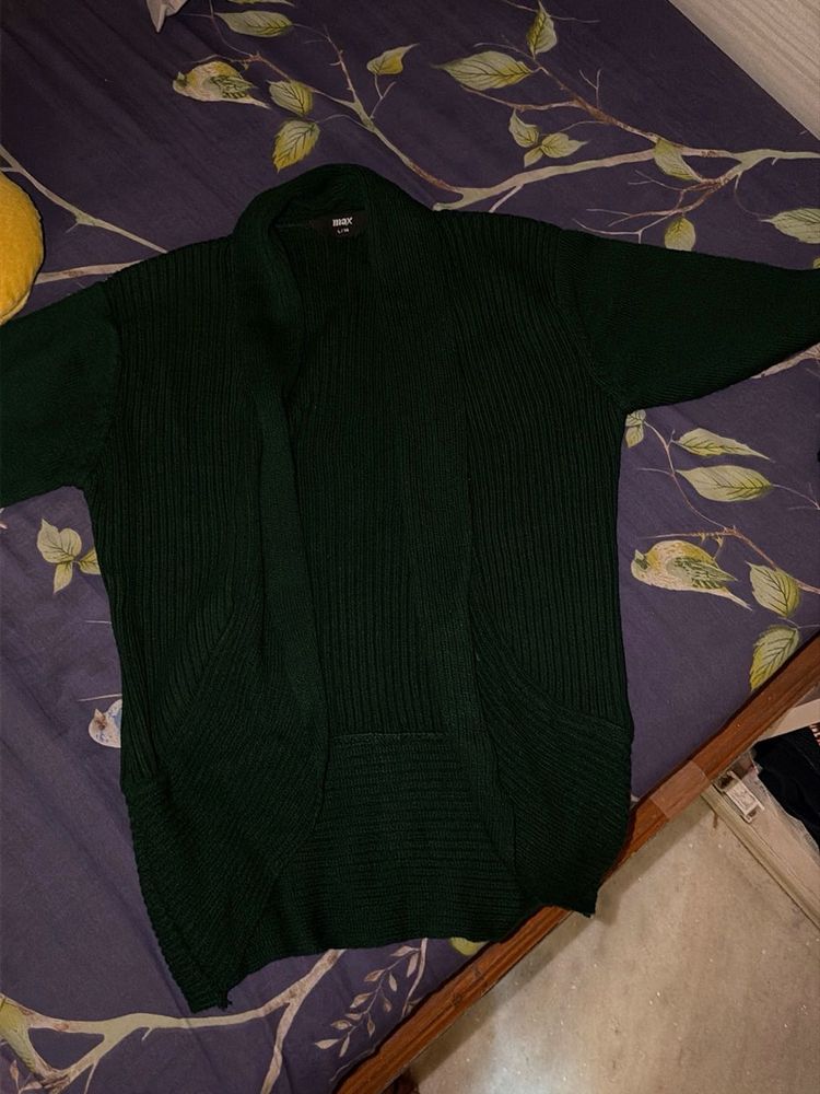 Dark Green Ribbed Knit Cardigan
