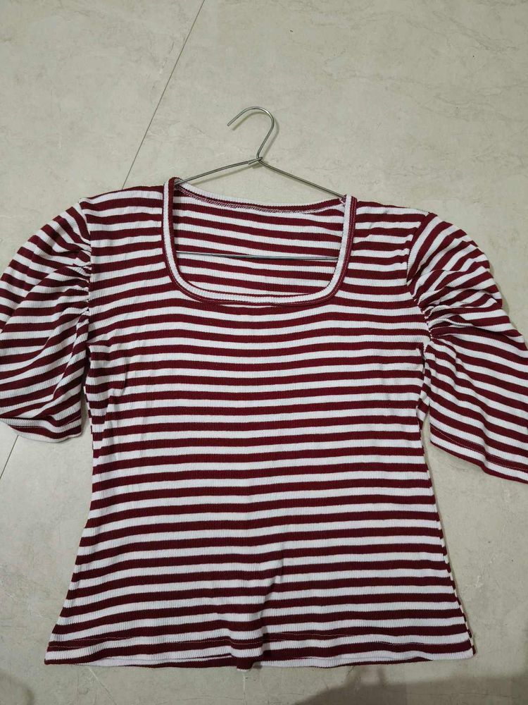 Maroon Striped Square Neck Top