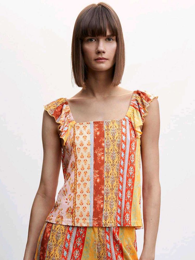 Boho Print Ruffle Sleeve Square Neck Top