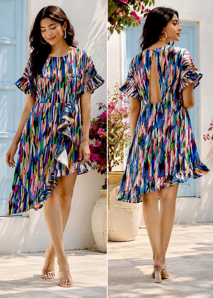 Boho Abstract Print Ruffle Dress