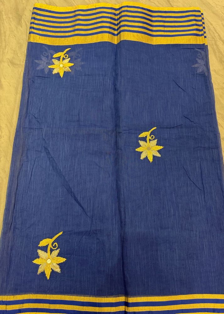 Blue Saree with Yellow Border &amp; Embroidery