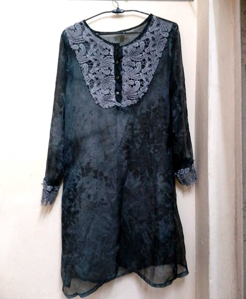 Black Grey Lace Neck Kurta
