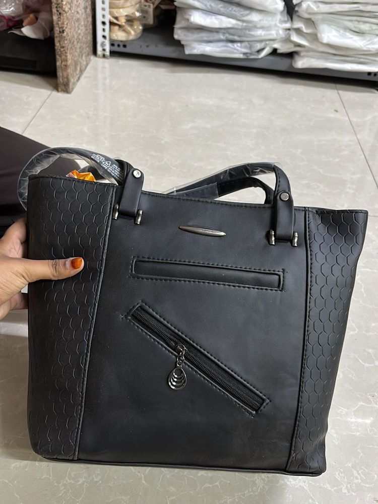 Chic Black Textured Tote Handbag