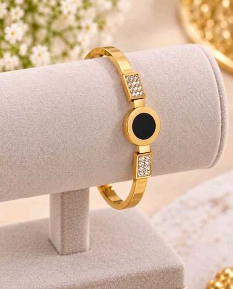 Elegant Gold Bangle with Black &amp; Crystal Accents