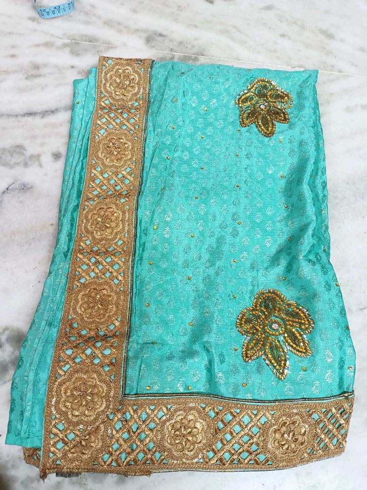 Teal &amp; Gold Embroidered Saree