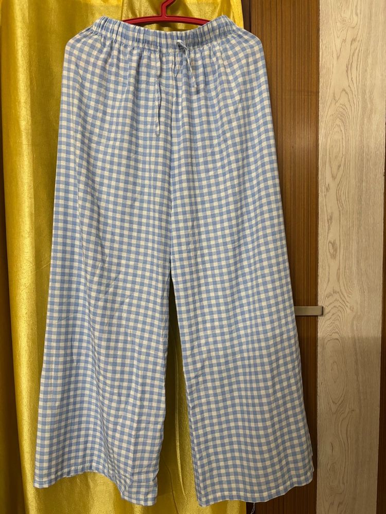 Blue Gingham Wide Leg Pants