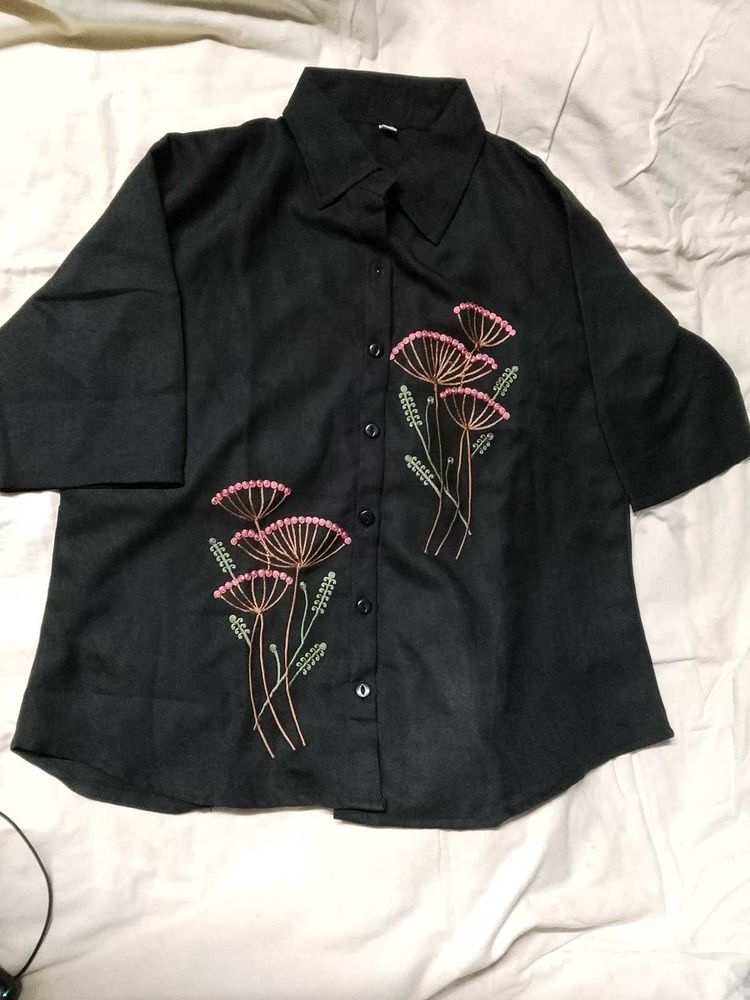 Floral Embroidered Black Shirt