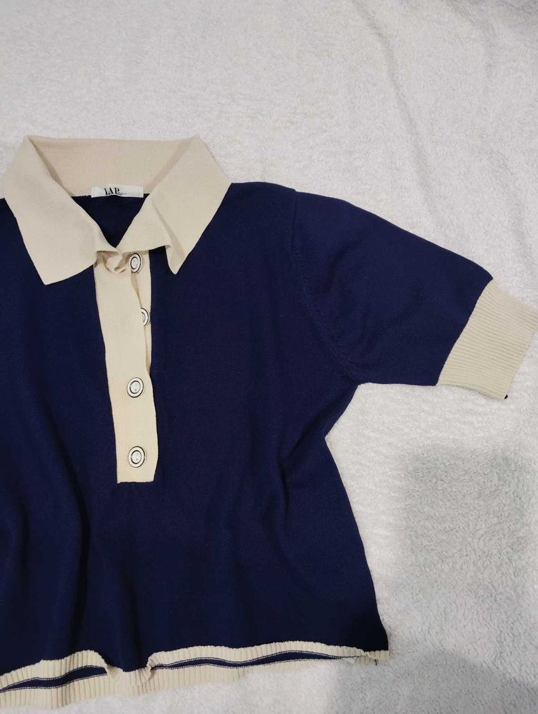Navy &amp; Beige Polo Top