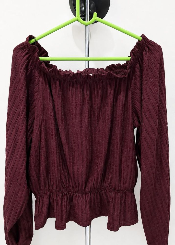 Maroon Off-Shoulder Long Sleeve Top