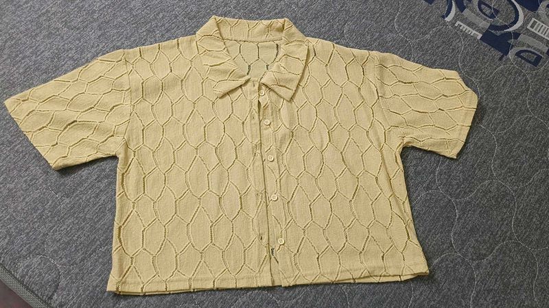 Textured Short Sleeve Button-Up Top