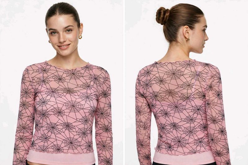 Pink Spiderweb Mesh Long Sleeve Top
